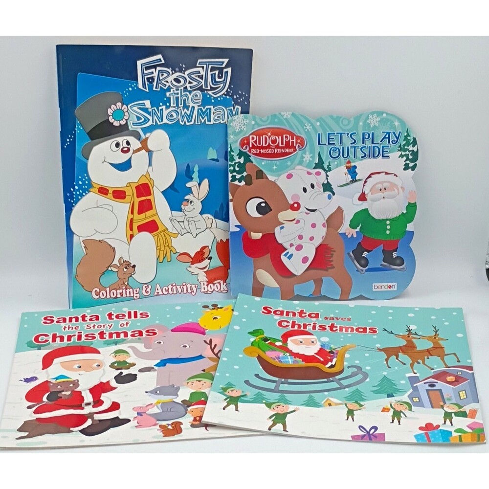 Lot of 4 Kids Christmas Storybooks Coloring/Activity: Frosty, Rudolph, Santa